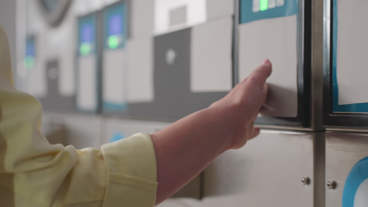 Close up hand of machine operator glides across industrial washer panel, controls glowing while clothes tumble inside, drum hums in modern laundromat, showcasing service, hygiene, reliability