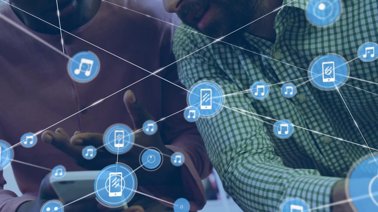 Two men leaning, tapping phone and growing blue device or music network overlaying for tech sharing