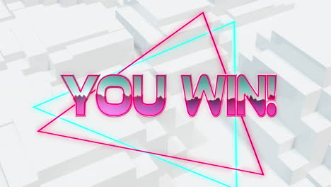 animation of you win text over neon banner against 3d concentric shapes in seamless pattern