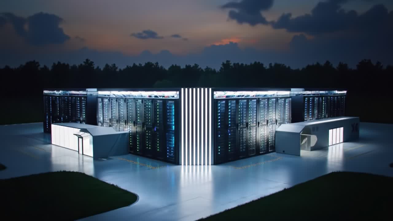 Illuminated data center stands still in the evening light, surrounded by trees and open space. Sophisticated architecture integrates advanced technology while providing a striking visual experience.