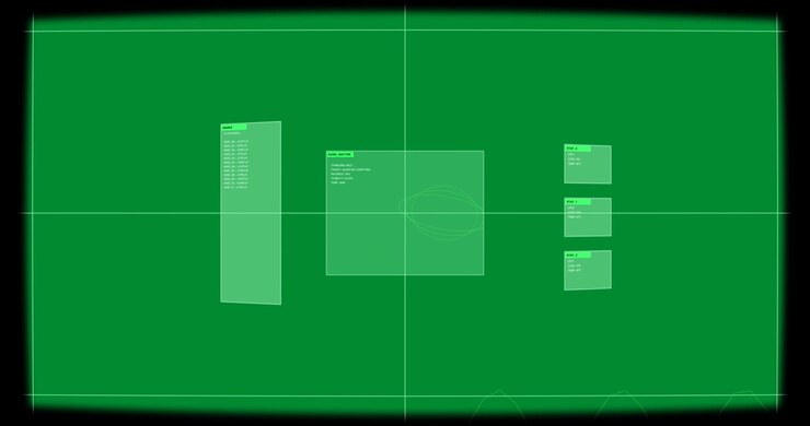 Mint-green panels appearing and sliding, causing waveform pulsing, showing data on transparent bg