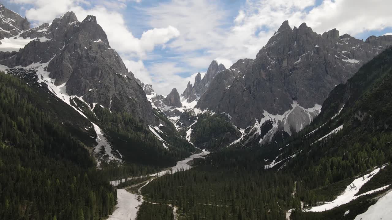 Drone flight through Fischleinbachtal in the Dolomites in South Tyrol