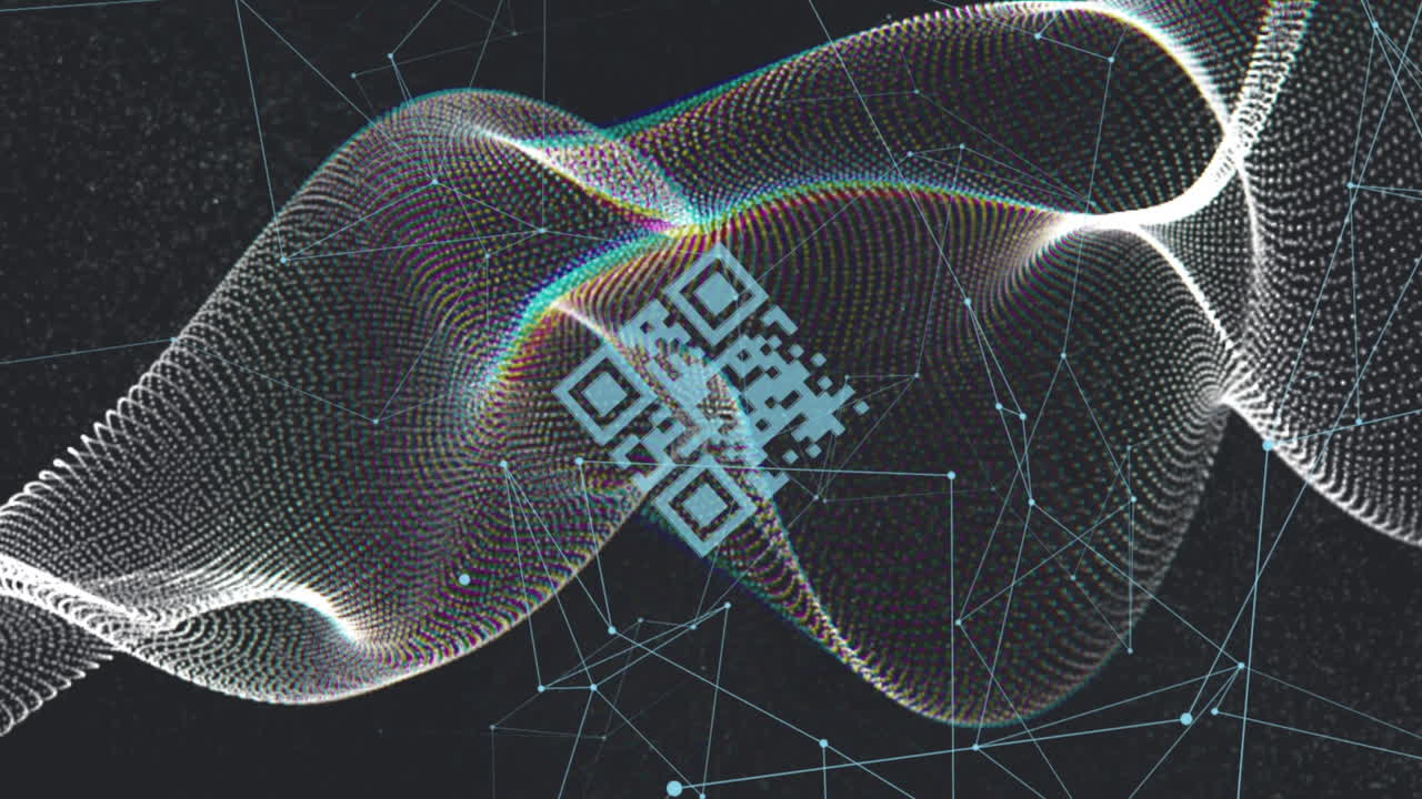 Animation of qr code, waves and connections on black background