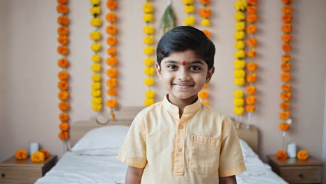 portrait of a smiling indian child wearing traditional kurta pajama standing in a decorated bedroom during a religious festival celebration with marigold flower garlands hanging on the wall