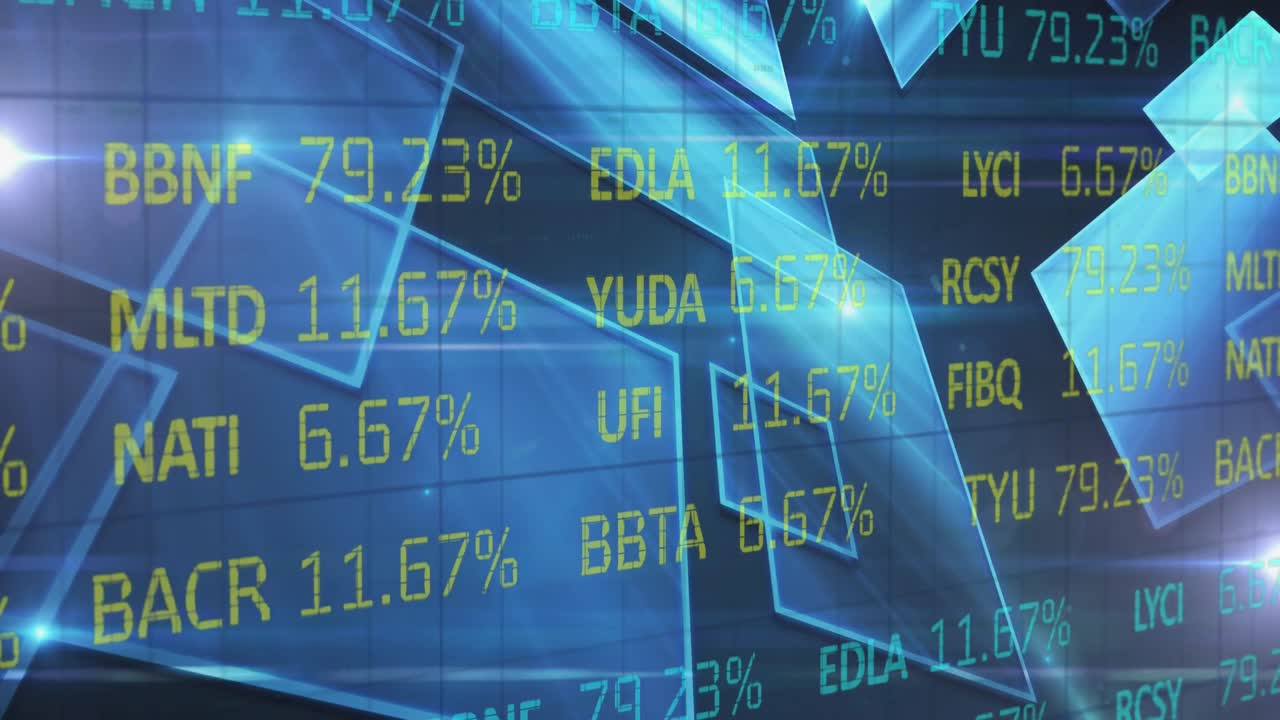 Animation of stock exchange financial data processing over glowing blue squares