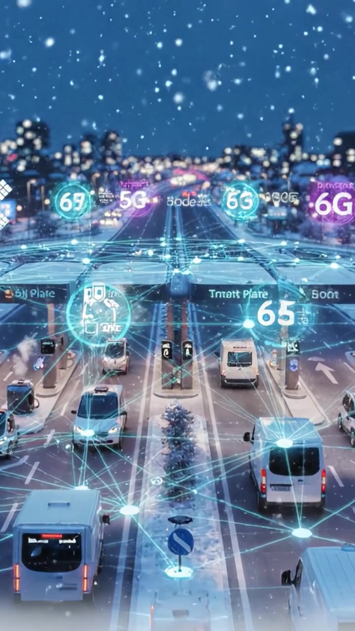 Autostrada con casello moderno di notte con nevicata e connettività digitale sopraelevata, che mostra una gestione efficiente del traffico e innovazioni infrastrutturali intelligenti