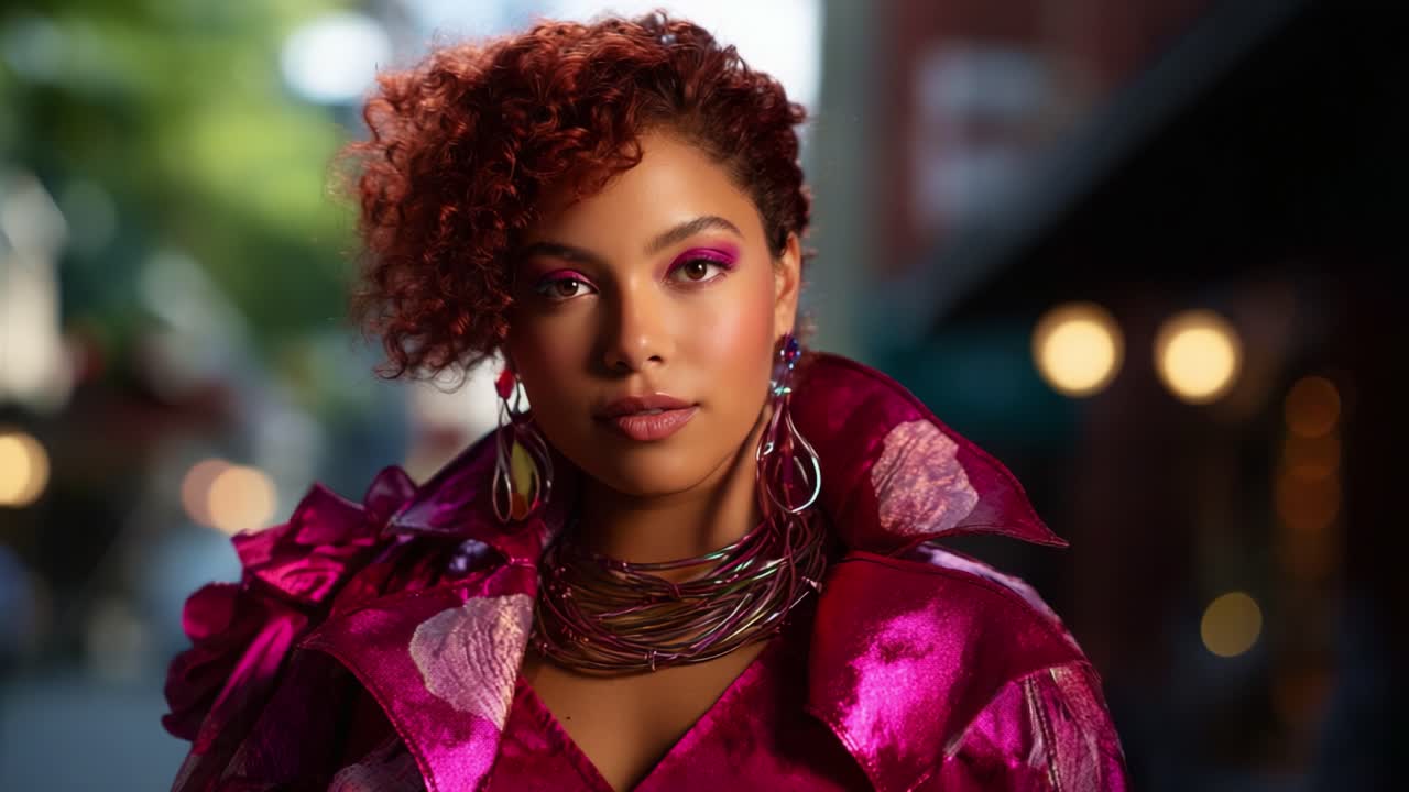 A Dazzling Portrait of a Fashionable Model in Vibrant Pink Attire, Showcasing Stunning Makeup and Accessories Against a Soft Urban Background