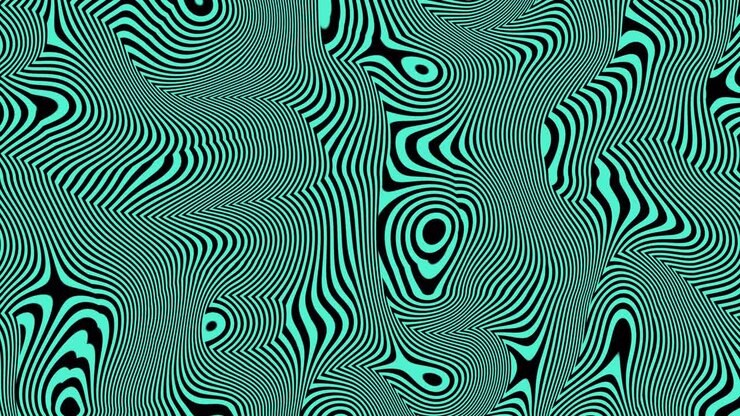 Effetti visivi di animazione con linee psichedeliche vorticose e ipnotiche, grafica in movimento vibrante con forme radiose fluenti e motivi mutevoli che creano un'immersiva scena illusoria, colore ciano turchese