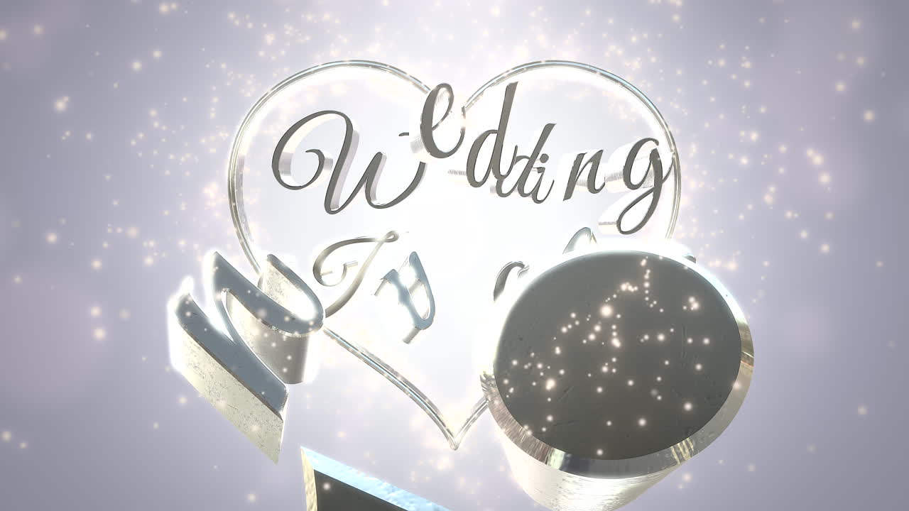 근접 촬영 텍스트 청첩장 및 플라이 글리터와 사랑의 하얀 마음