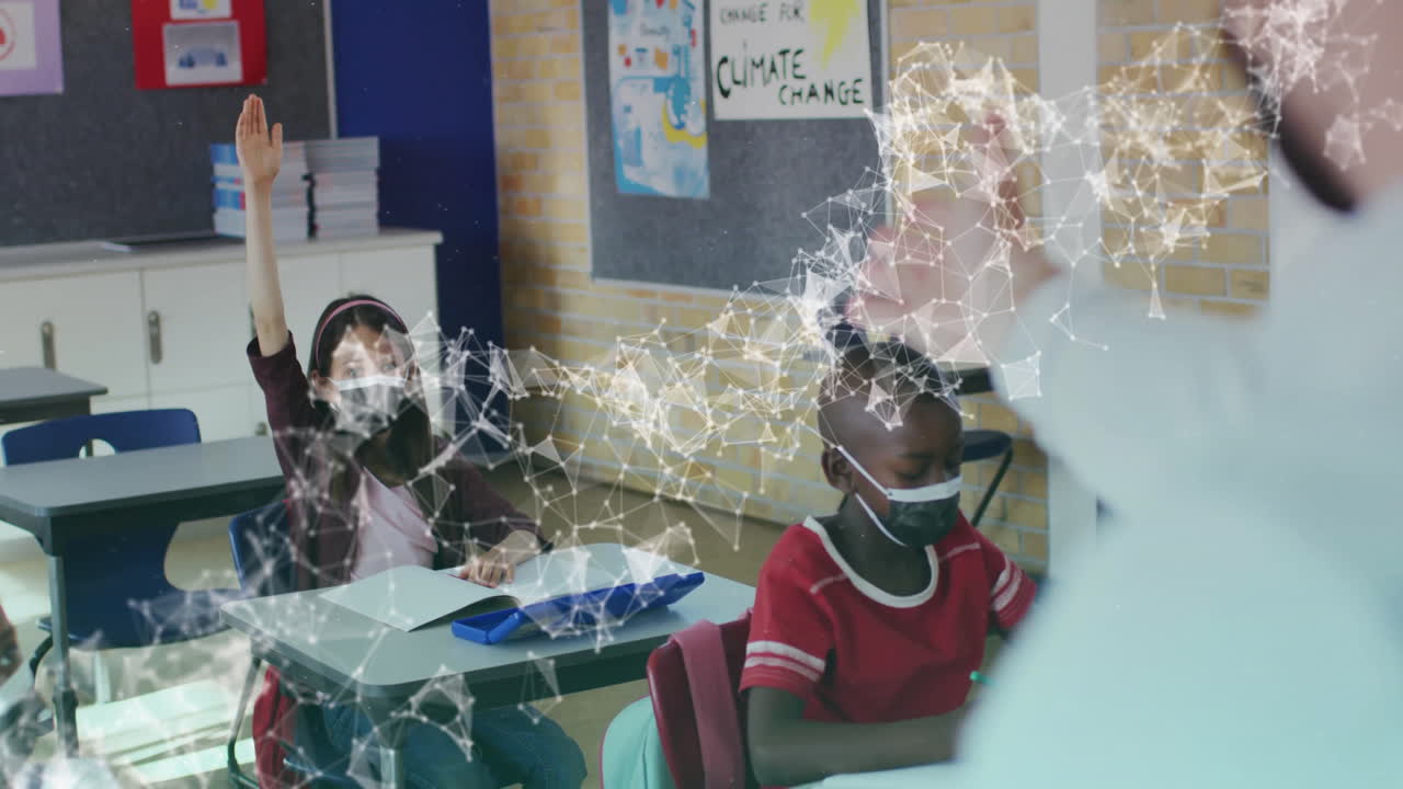 Girl raising hand at classroom desk boy writing wearing mask teacher guiding with education overlay
