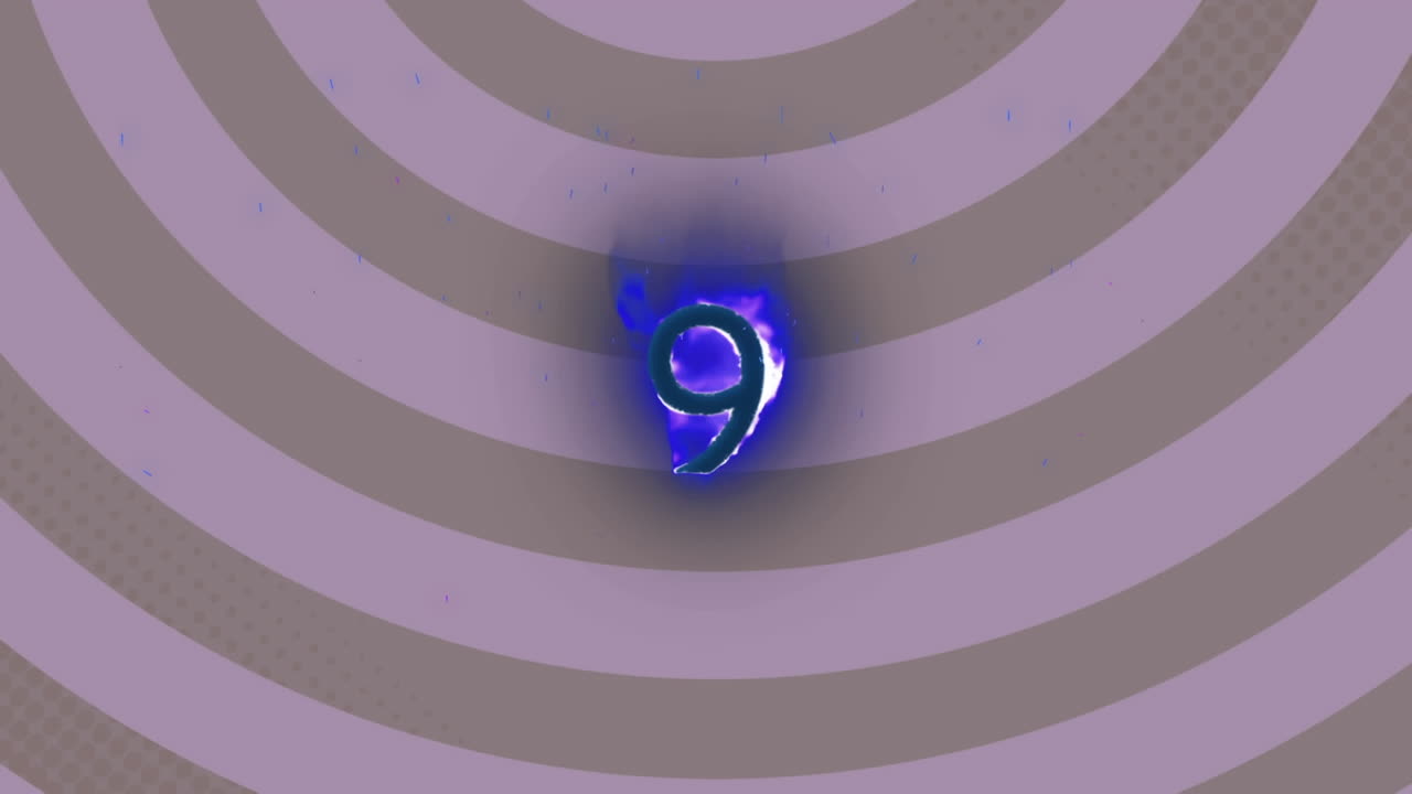 animación digital del efecto de llama sobre el número nueve contra espirales giratorias en fondo púrpura