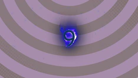 animación digital del efecto de llama sobre el número nueve contra espirales giratorias en fondo púrpura