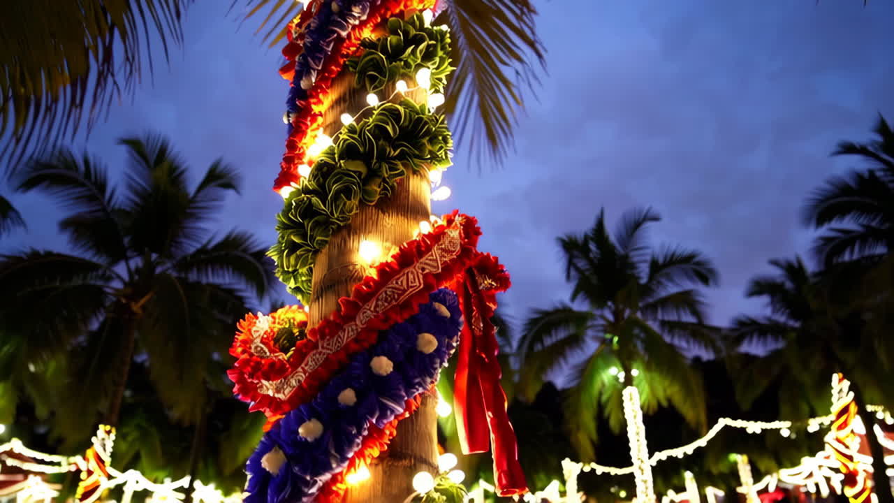 Christmas Decorations in a Tropical Setting at Night