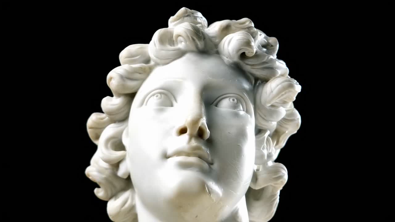 Close-up video angle of a marble statue's head, showcasing detailed curls and serene expression