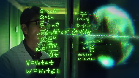 animation of data processing with asian it technician by computer servers