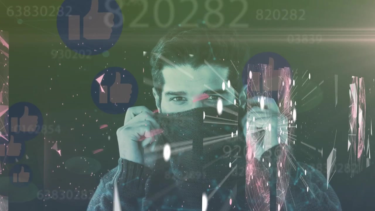 Man Covering Face with Scarf Surrounded by Digital Social Media Graphics