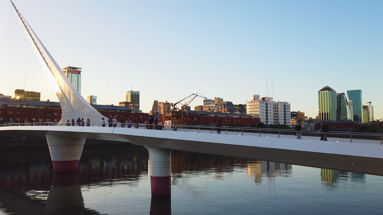 Panoramic Cityscape of Buenos Aires Argentina, Sunset at Puerto Madero Woman's Bridge Famous Travel Landmark