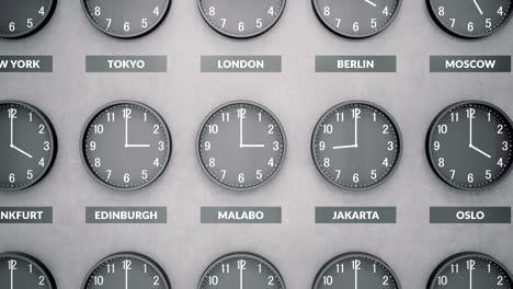 round clocks show different time zones on a dark concrete wall. camera moves left to right.