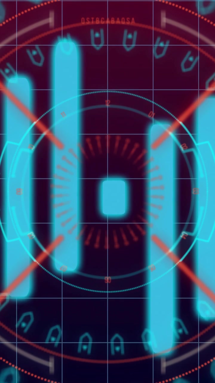 Vertical video: Grid appearing HUD pulsing bars scaling lines forming X ticks turning showing radar