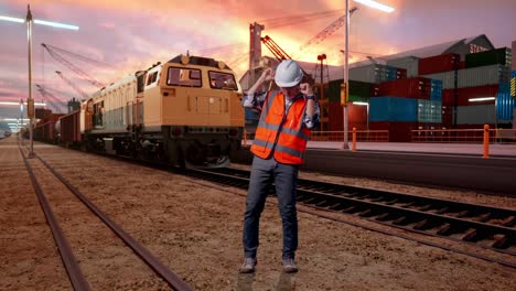 full body of asian male engineer with safety helmet screaming goal and dancing celebrating with freight cargo train at port