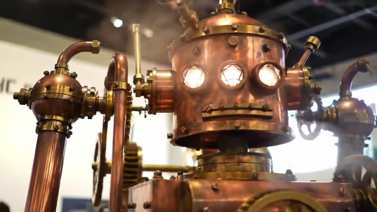 Un Impressionante Robot Steampunk con Dettagli Intricati in Rame e un'Estetica Vintage Esposto in un Moderno Contesto Espositivo