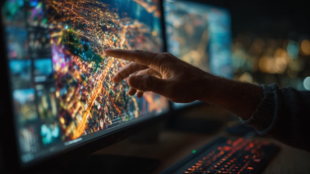 A User Interacting with a Dual-Monitor Setup Displaying Vibrant Cityscape Data Visualizations at Night, Showcasing the Intersection of Technology and Urban Exploration