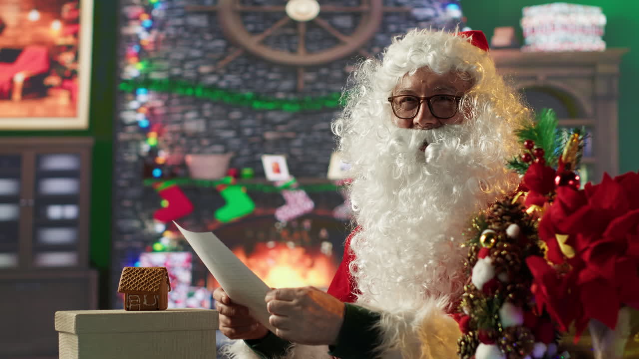 Santa Claus Reading Christmas Letters in Festive Home Setting