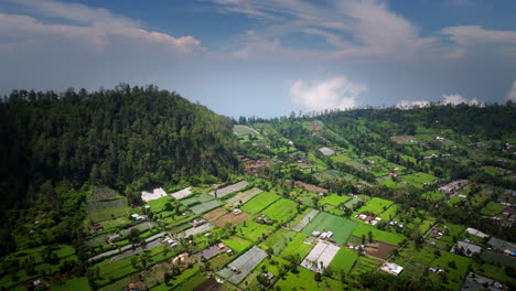 Pintorescas-Tierras-De-Cultivo-Y-Exuberante-Vegetación,-Paisaje-Del-Monte-Batur-En-Bali,-Indonesia---Toma-Aérea