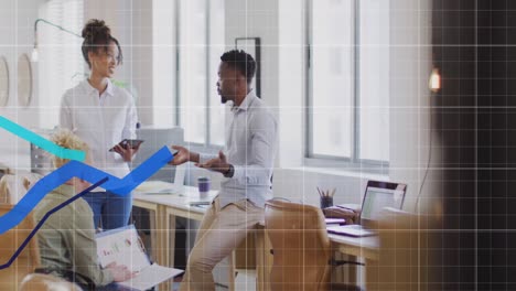animation of statistical data processing against team of diverse colleagues discussing at office