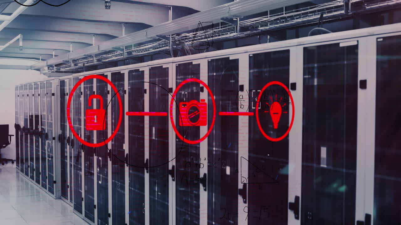 animación de la red de iconos digitales y ecuaciones matemáticas contra la sala de servidores de computadora.