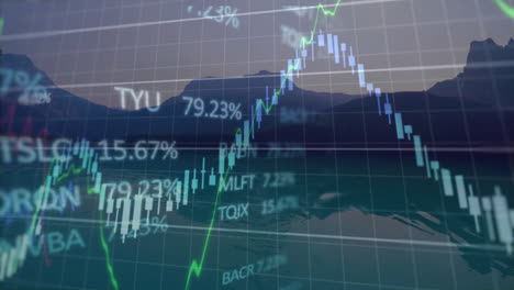 datos del mercado de valores y animación de gráficos financieros sobre el paisaje montañoso