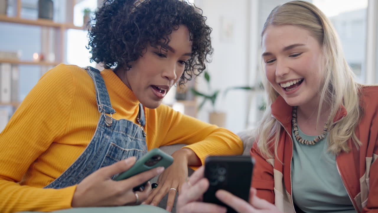 Phone, lesbian couple and funny women in home