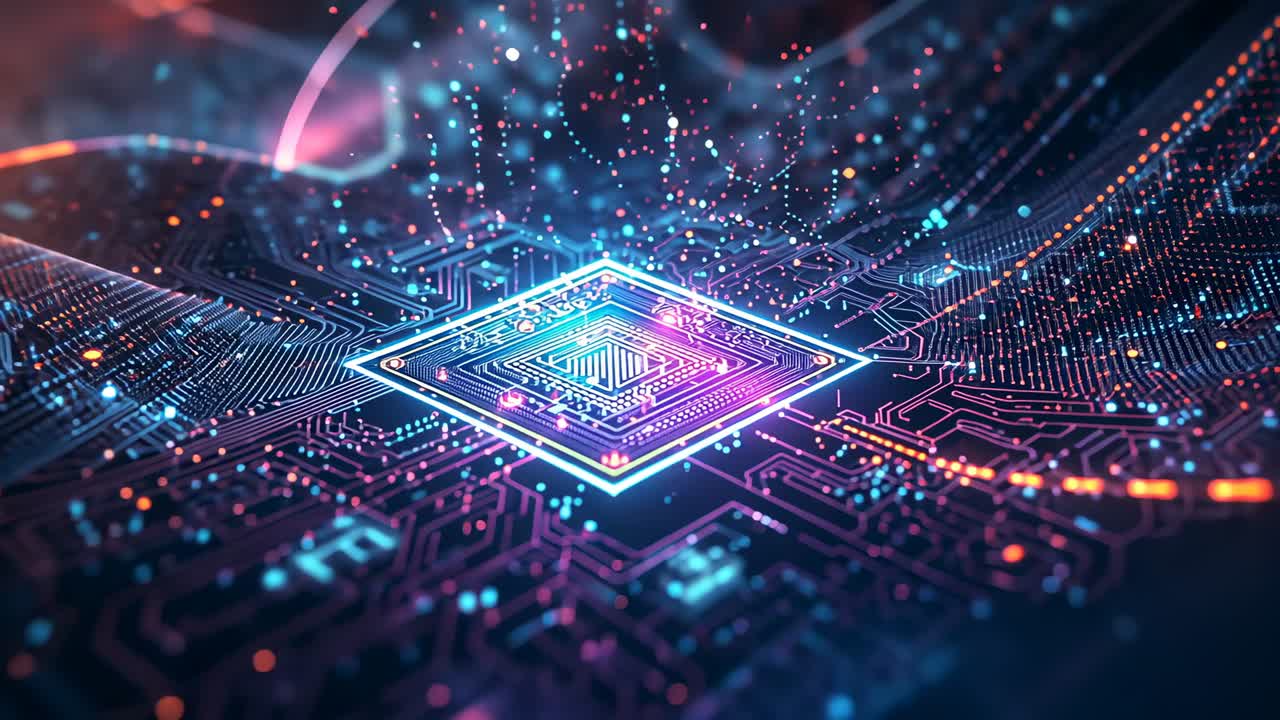 Panning camera from close-up toward lit microchip on circuit board revealing neon data particles