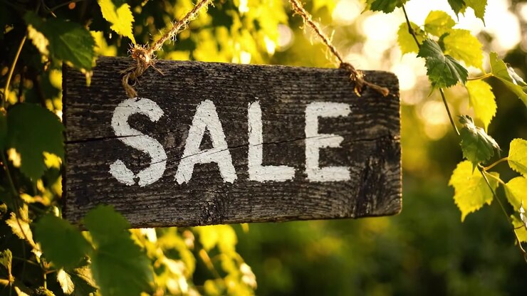 Incantevole cartello rustico in legno con la scritta 'Saldi' in mezzo a una vegetazione lussureggiante, che cattura l'essenza delle promozioni stagionali in un ambiente naturale.