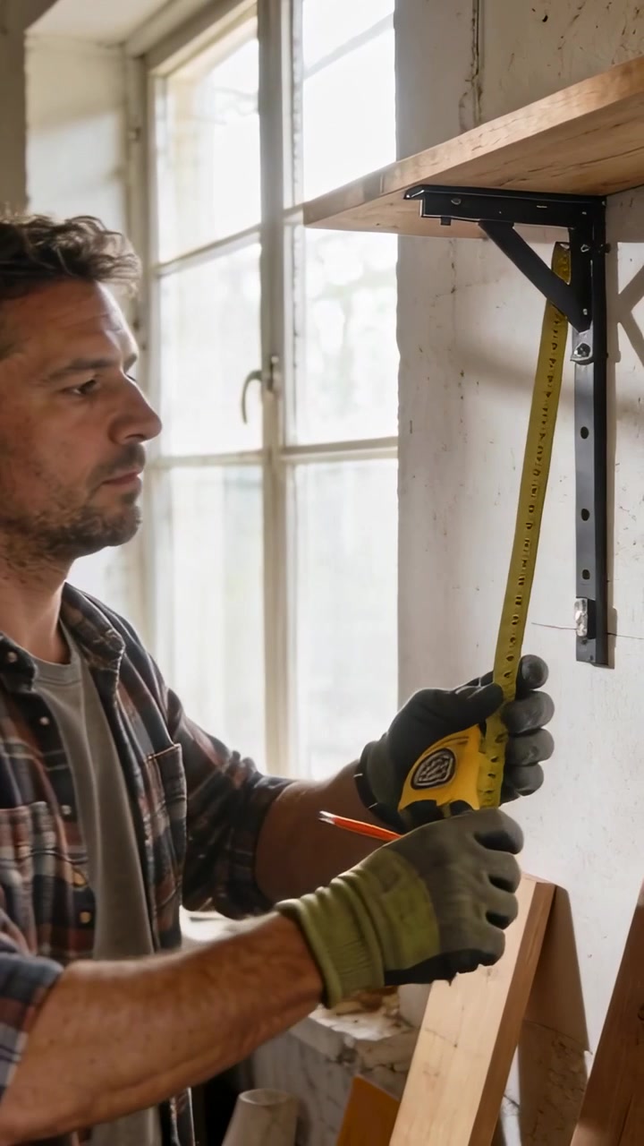 Vertical video: Checking shelf, man in plaid shirt, gloves measuring bracket by window with tape