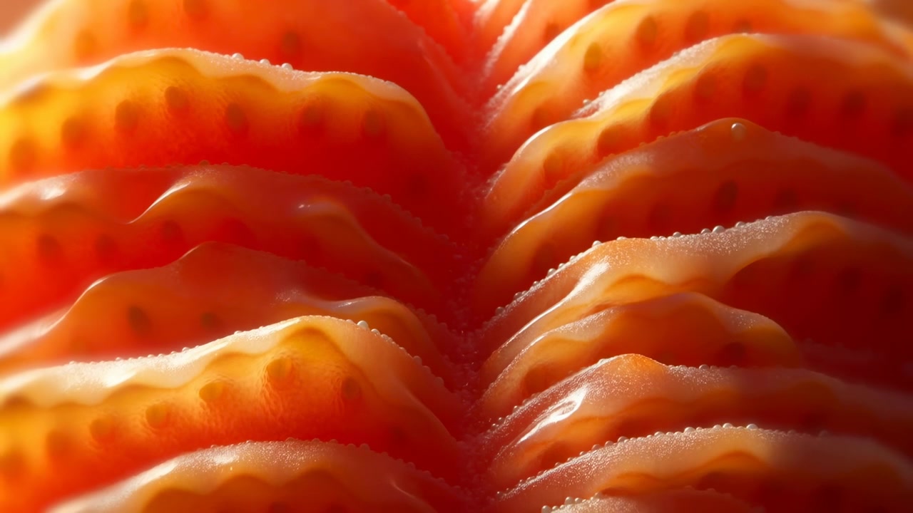 Sezioni trasversali di agrumi tagliate strettamente mostrano creste lucide e arricciate, polpa traslucida e goccioline di succo scintillanti, con un sottile luccichio di luce che esalta una texture fresca, colorata e ripetuta