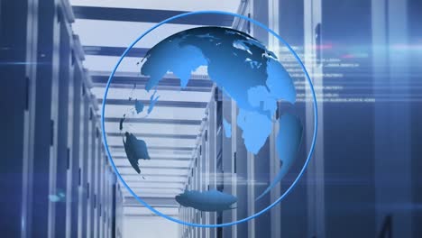 animation of globe in circle, lens flares and computer language over data server room