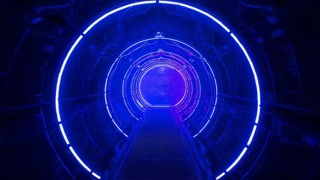 Glowing entrance ring initiating camera gliding over walkway through ...
