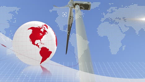 animation of globe and world map data processing over wind turbine
