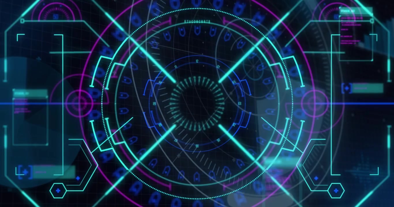 Animazione di dati con elaborazione HUD, cerchi su interfaccia digitale.