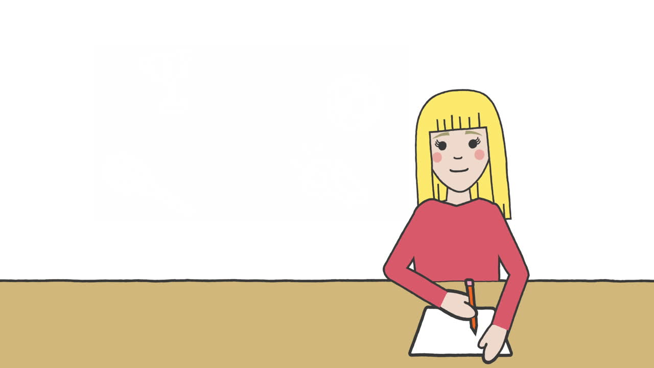 Animación de niña escolar tomando apuntes sobre fondo blanco