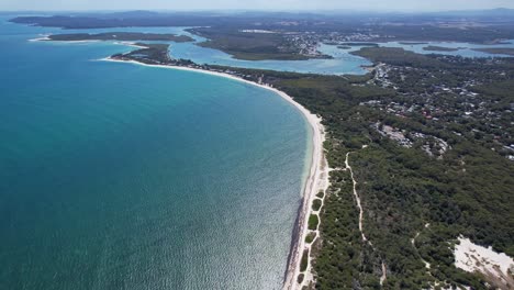 Myall-Lake-And-Mungo-Beach-In-New-South-Wales,-Australia---aerial-drone-shot