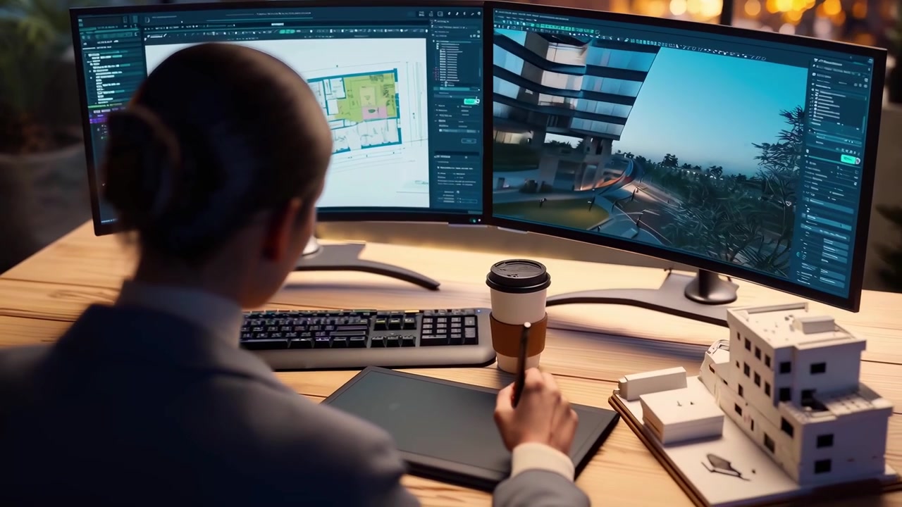 Architect Working on Building Design on Dual Monitors at Night