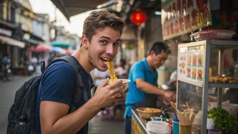 exploring culinary delights: a smiling food lover enjoying delicious noodles at a vibrant street food market while embracing local flavors and experiences