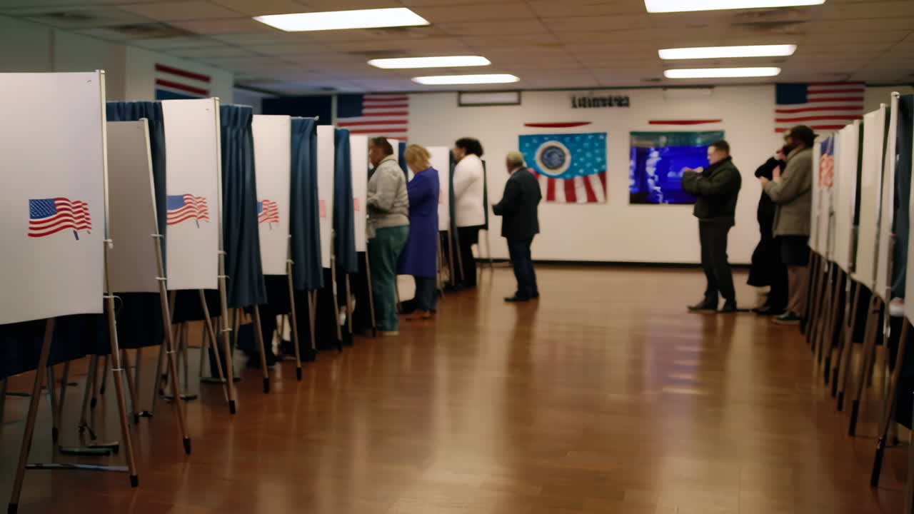 People voting at a polling place with American flags and individual voting booths