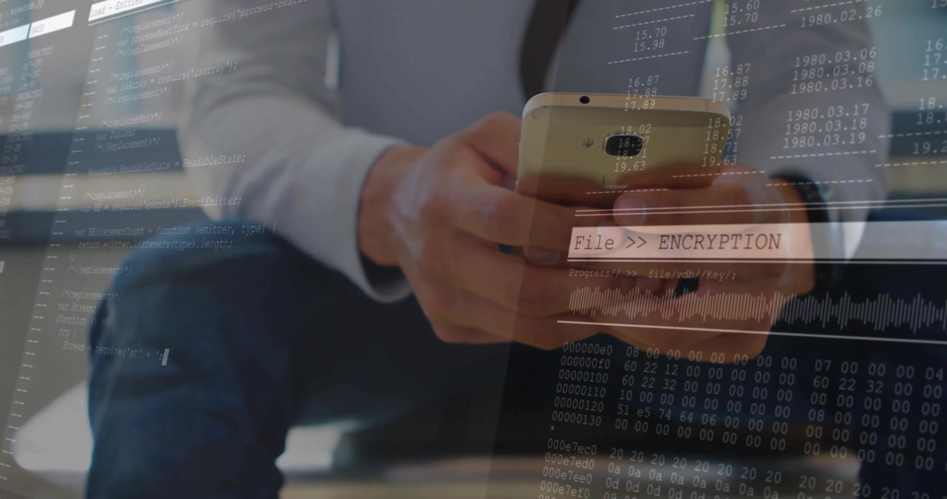 Mobile user tapping smartphone and invoking FileENCRYPTION panel spawning green code overlay