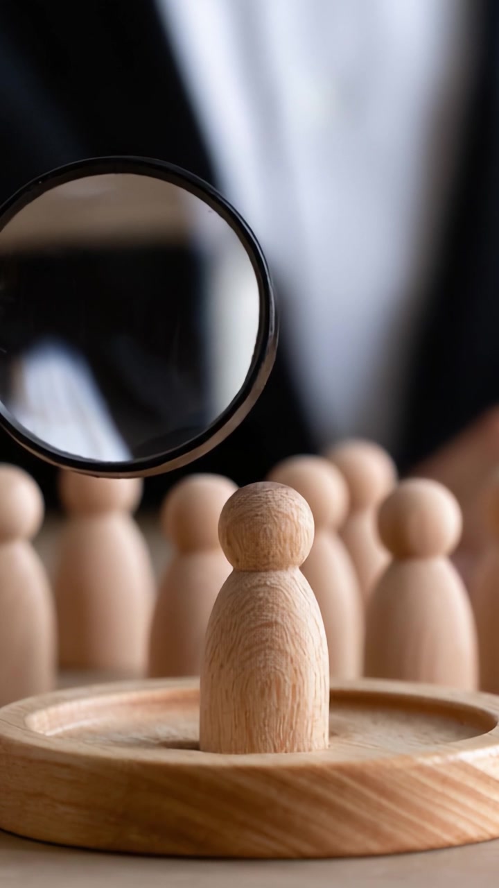 A Focused Analysis: A Central Wooden Figure Under Magnification Amidst Surrounding Peers, Representing Individualism and Scrutiny in a Group Setting