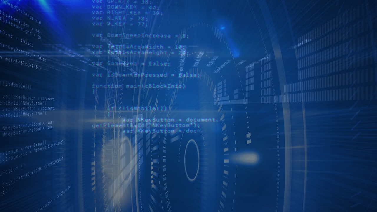 Animation of data processing and binary coding on blue background