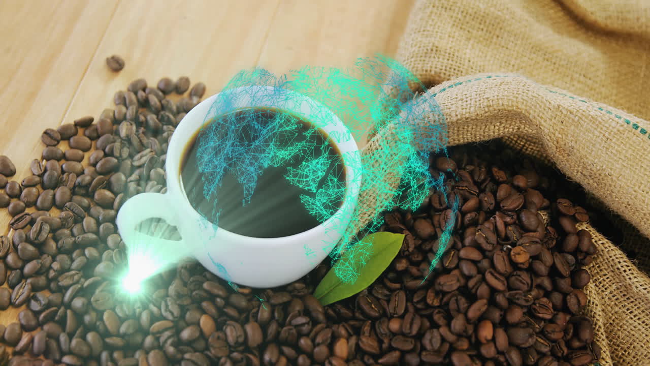 White cup with black coffee on table, beans spilling from burlap sack, showing teal globe overlay