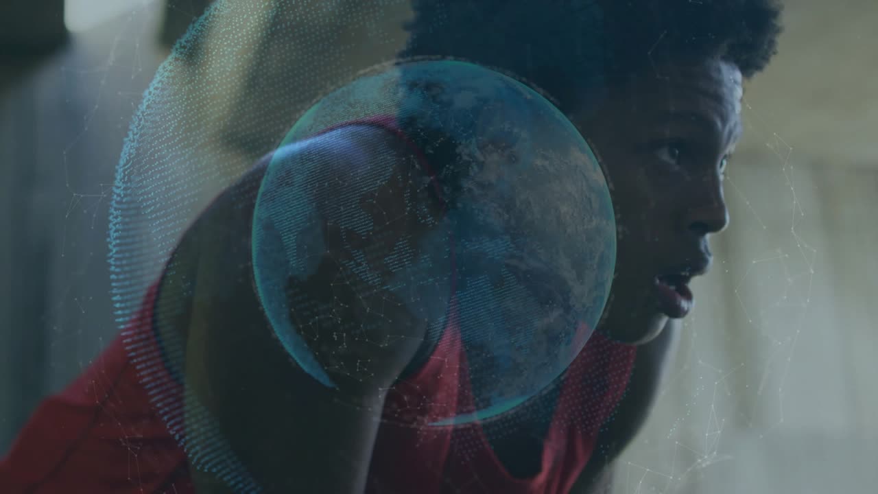 Male athlete postworkout leaning, breathing while 3D globe focusing over left shoulder for fitness